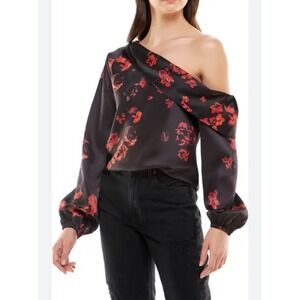 WAYF Black Red Roses Off Shoulder Long Sleeve Satin Blouse Holiday party blouse